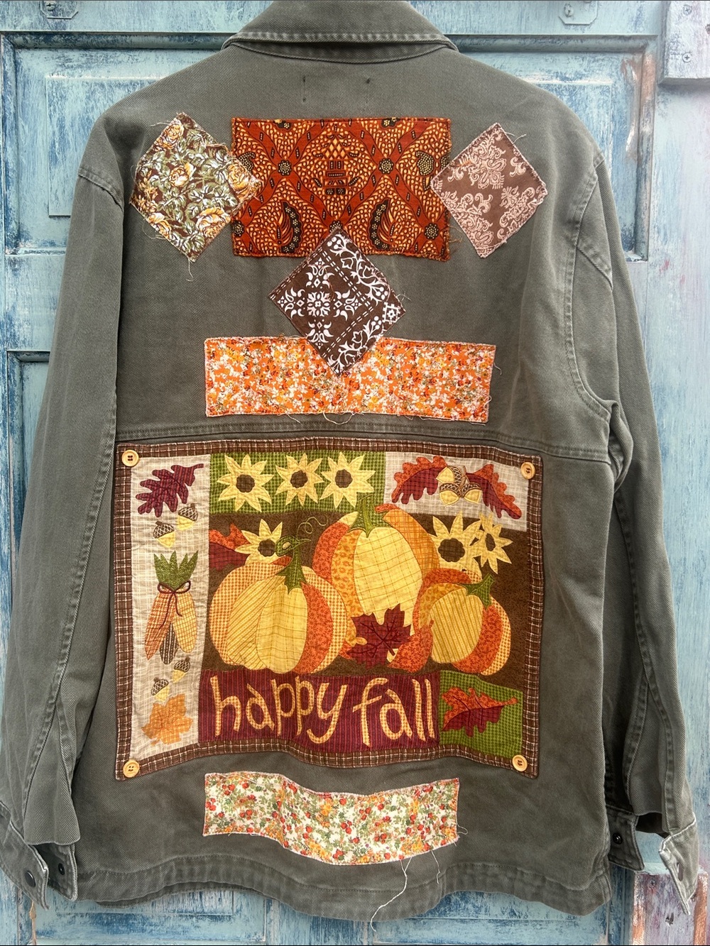 Upcycled happy fall patched army style jean jacket